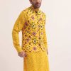 Yellow Patola Printed Kurta Jacket Set For Men