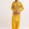 Yellow Patola Printed Kurta Jacket Set For Men