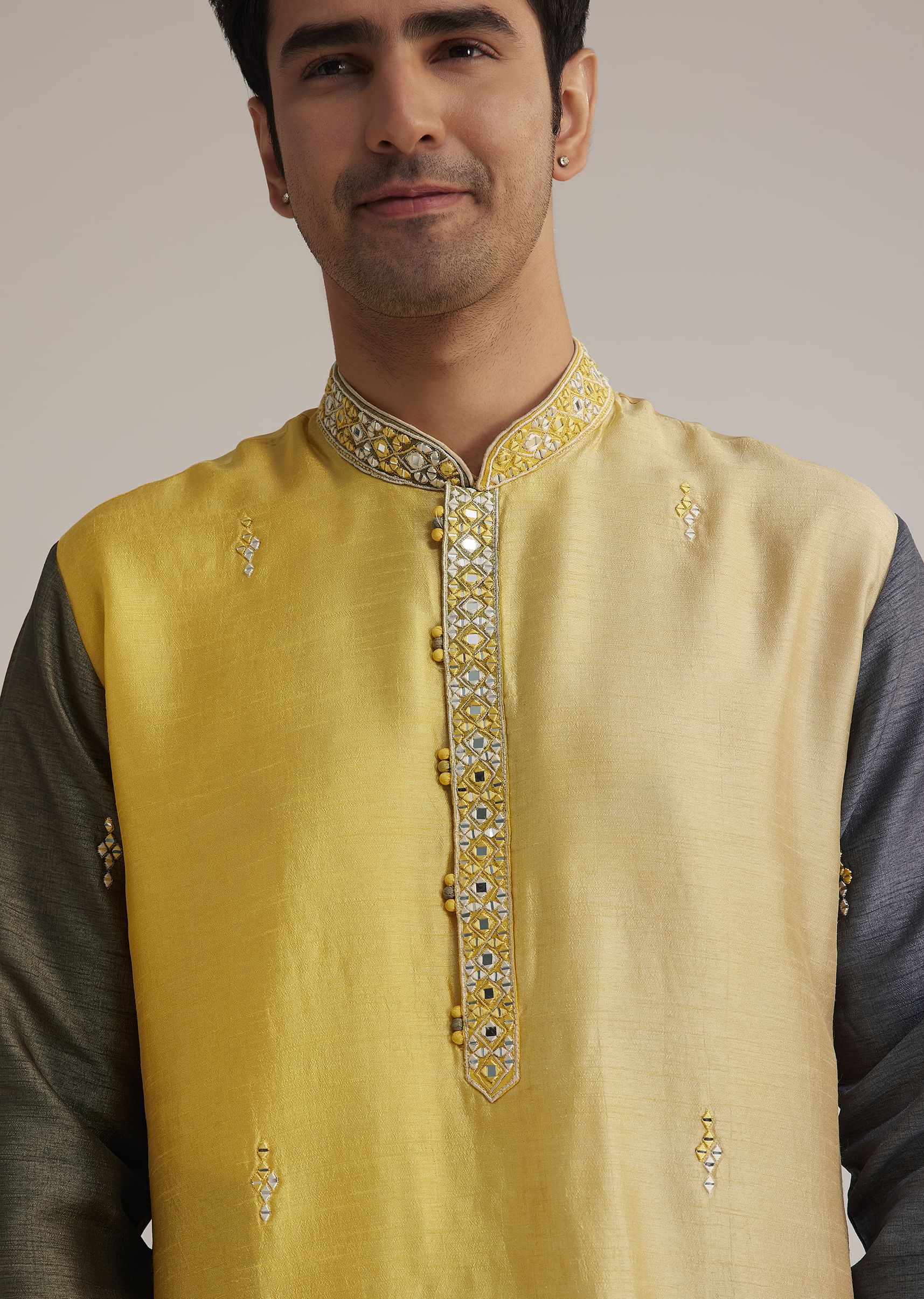 12555-yellow-ombre-silk-kurta-set-with-mirror-work-1.jpg Yellow Ombre Silk Kurta Set With Mirror Work