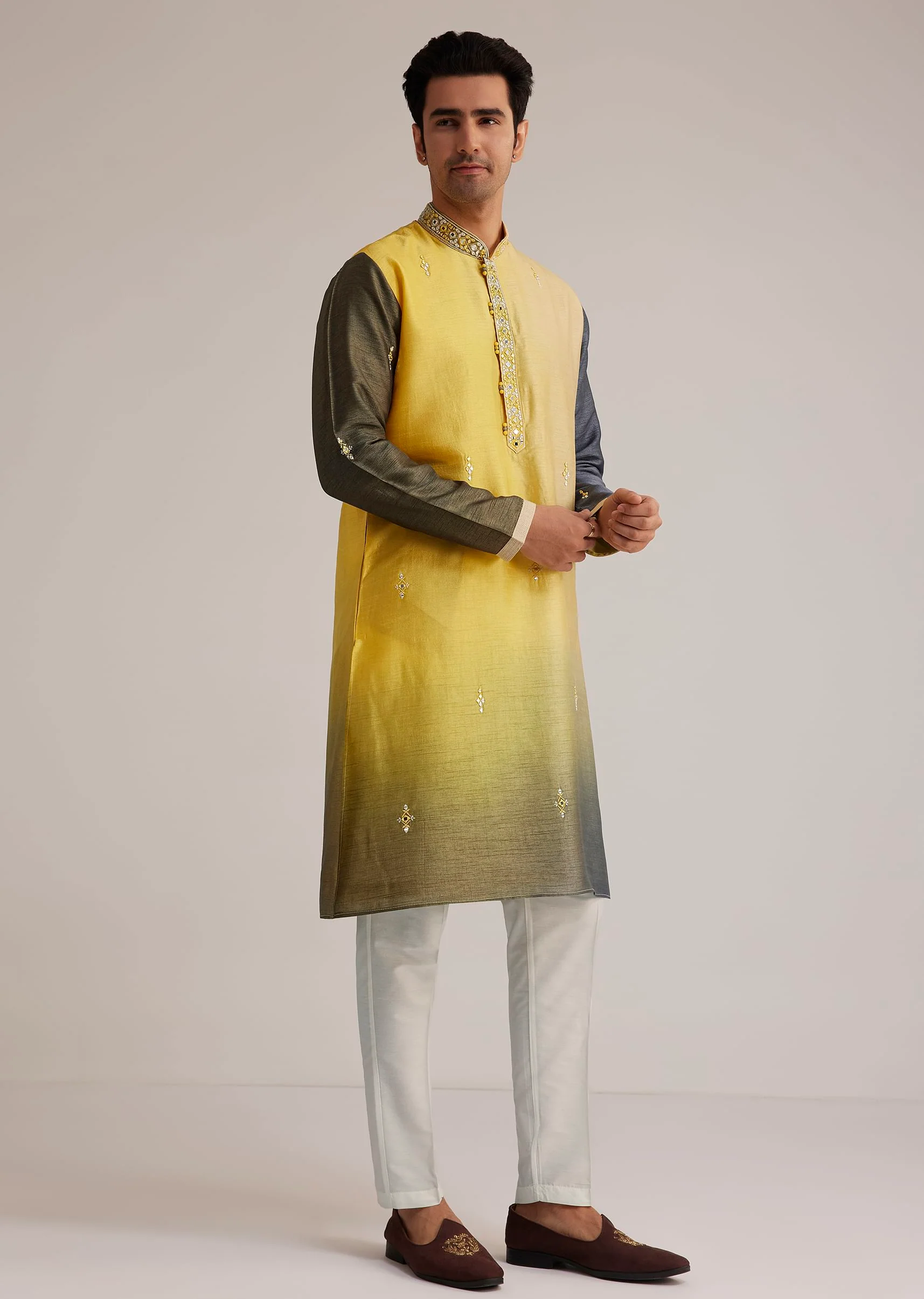 Yellow Ombre Silk Kurta Set With Mirror Work