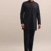 Black And Brown Embroidered Silk Kurta Jacket Set For Men