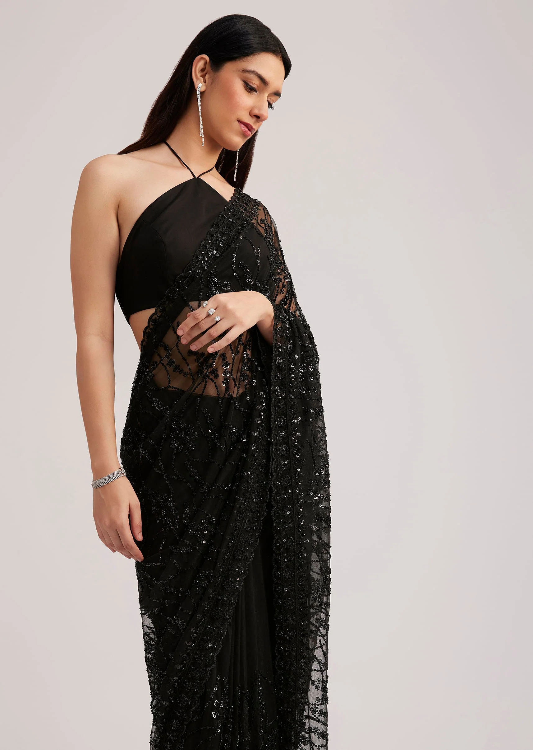 Black Net Saree Heavy Embroidered With Sequins And Stones