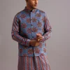 Blue Floral And Stripe Print Jacket Kurta Set In Silk