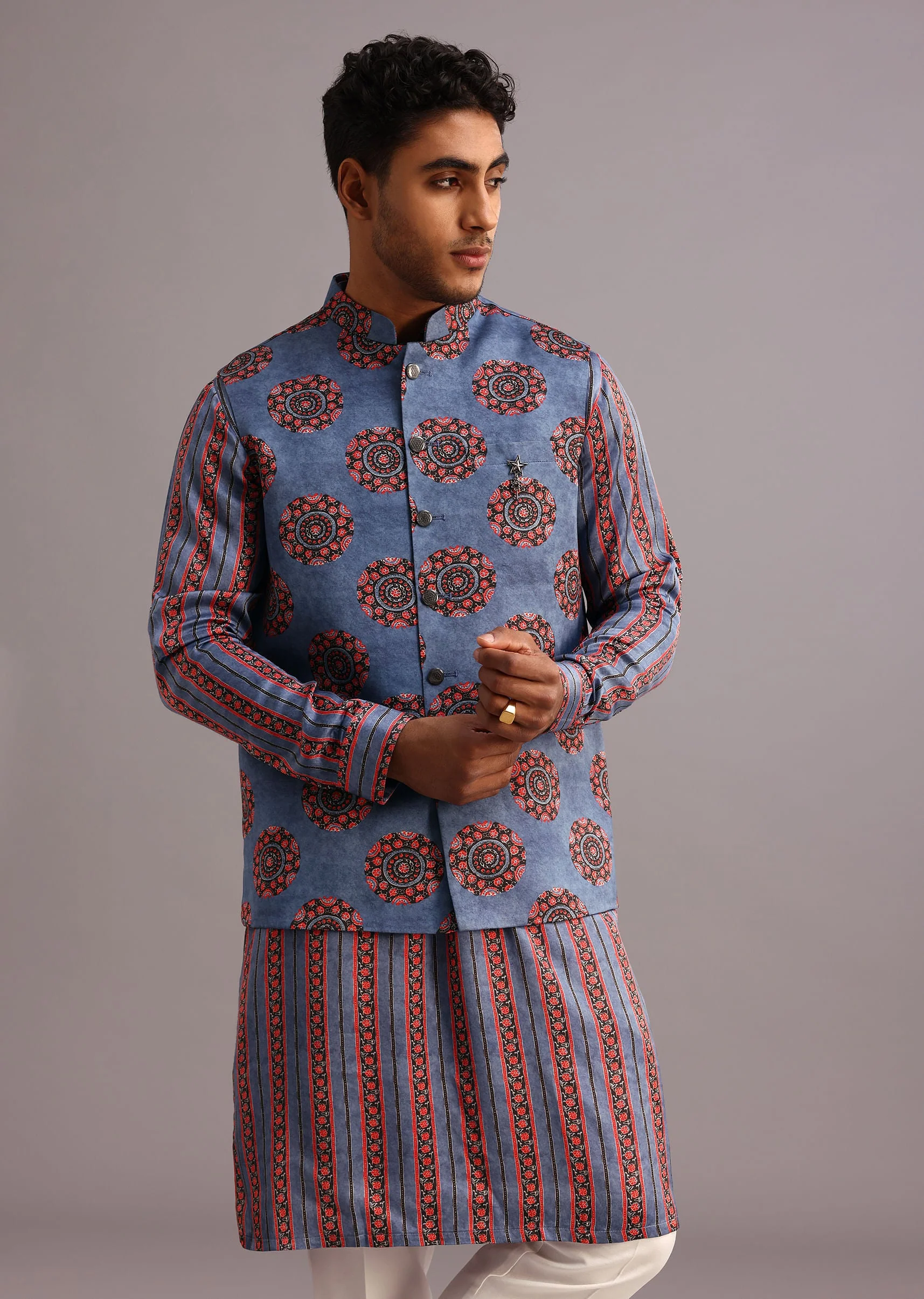 12600-blue-floral-and-stripe-print-jacket-kurta-set-in-silk-1.webp Blue Floral And Stripe Print Jacket Kurta Set In Silk