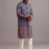 Blue Floral And Stripe Print Jacket Kurta Set In Silk