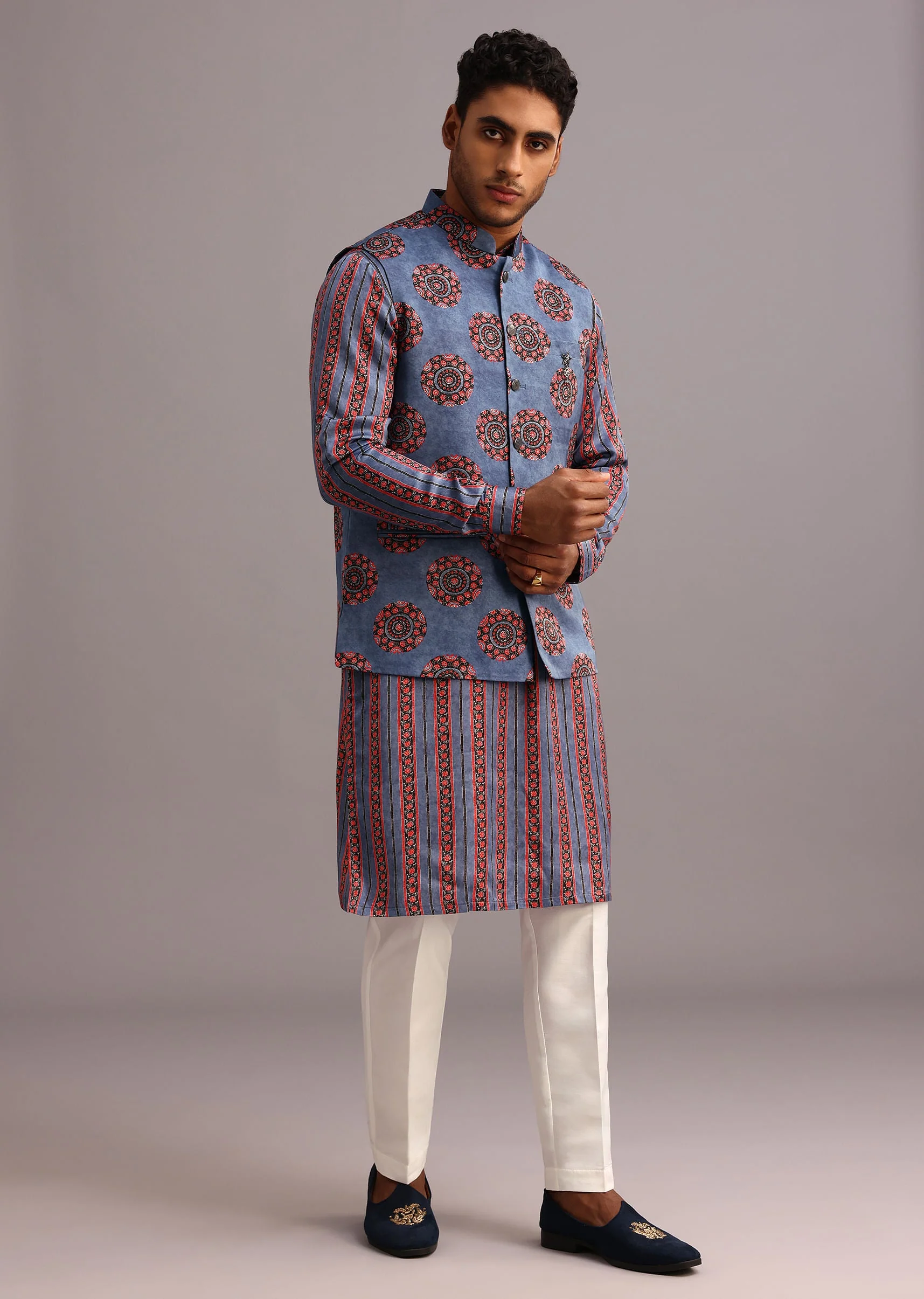 Blue Floral And Stripe Print Jacket Kurta Set In Silk