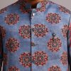 Blue Floral And Stripe Print Jacket Kurta Set In Silk