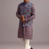 Blue Floral And Stripe Print Jacket Kurta Set In Silk