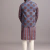 Blue Floral And Stripe Print Jacket Kurta Set In Silk