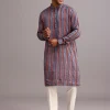 Blue Floral And Stripe Print Jacket Kurta Set In Silk