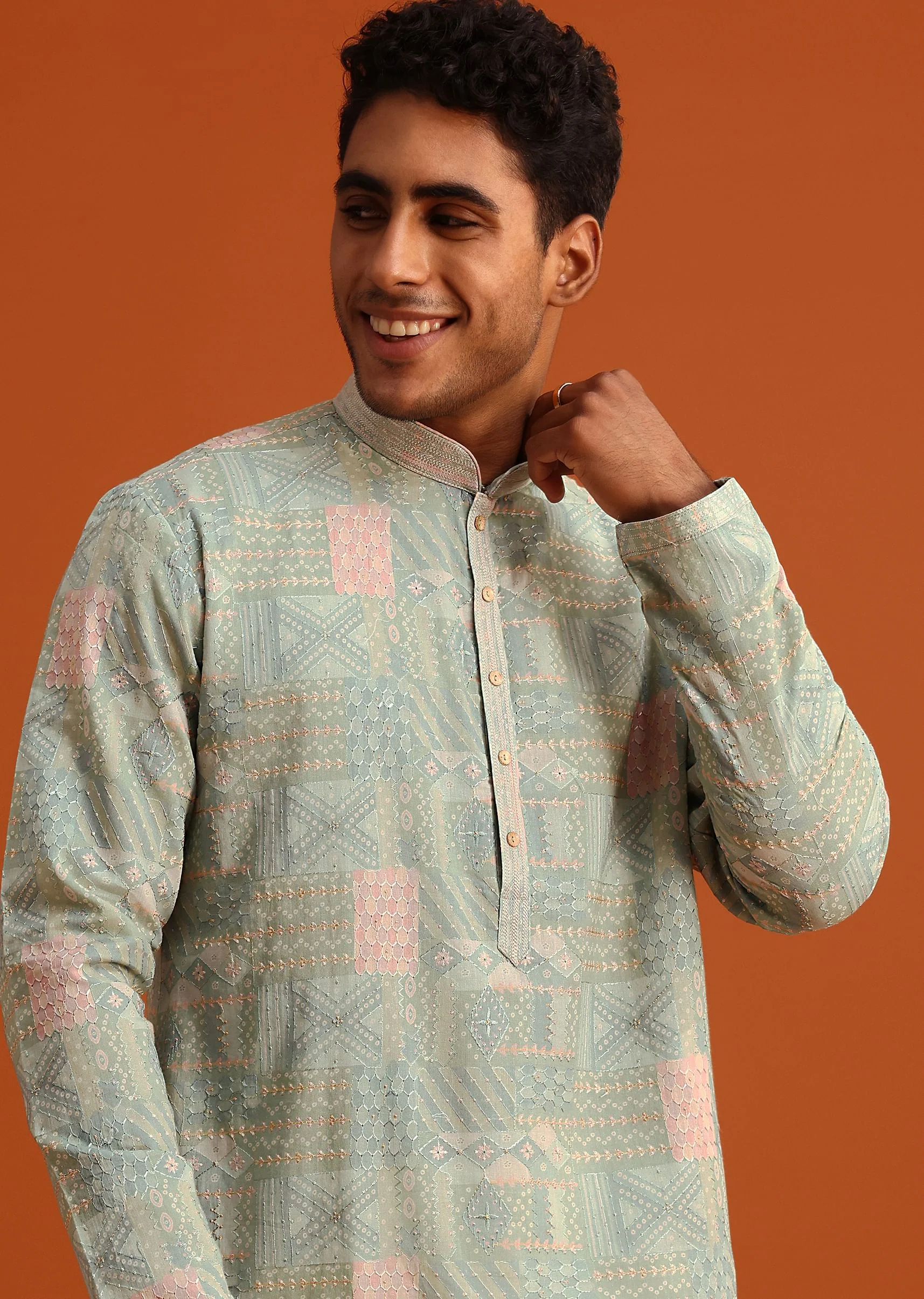 12609-pista-green-silk-kurta-set-with-printed-detail-1.webp Pista Green Silk Kurta Set With Printed Detail