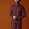 Wine Embroidered Rayon Kurta Jacket Set For Men