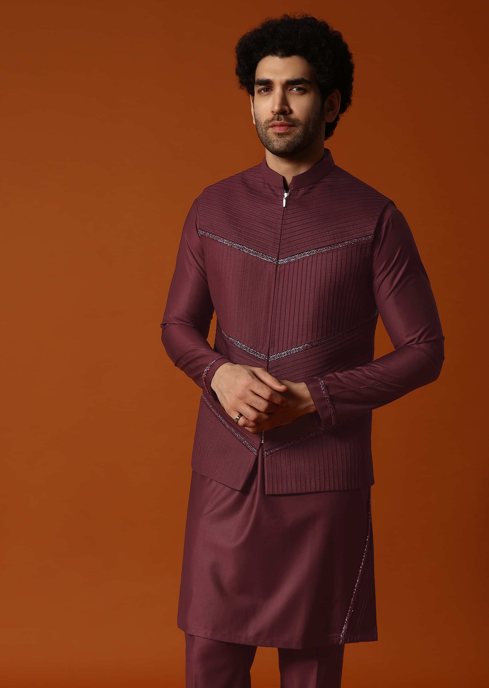 12627-wine-embroidered-rayon-kurta-jacket-set-for-men-1.jpg Wine Embroidered Rayon Kurta Jacket Set For Men