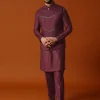 Wine Embroidered Rayon Kurta Jacket Set For Men