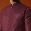 Wine Embroidered Rayon Kurta Jacket Set For Men
