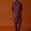 Wine Embroidered Rayon Kurta Jacket Set For Men