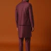 Wine Embroidered Rayon Kurta Jacket Set For Men