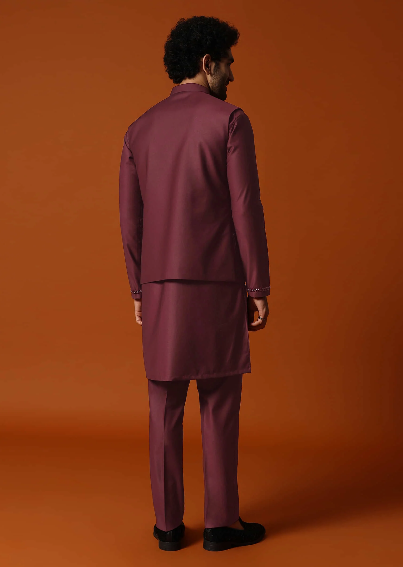 Wine Embroidered Rayon Kurta Jacket Set For Men