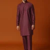 Wine Embroidered Rayon Kurta Jacket Set For Men