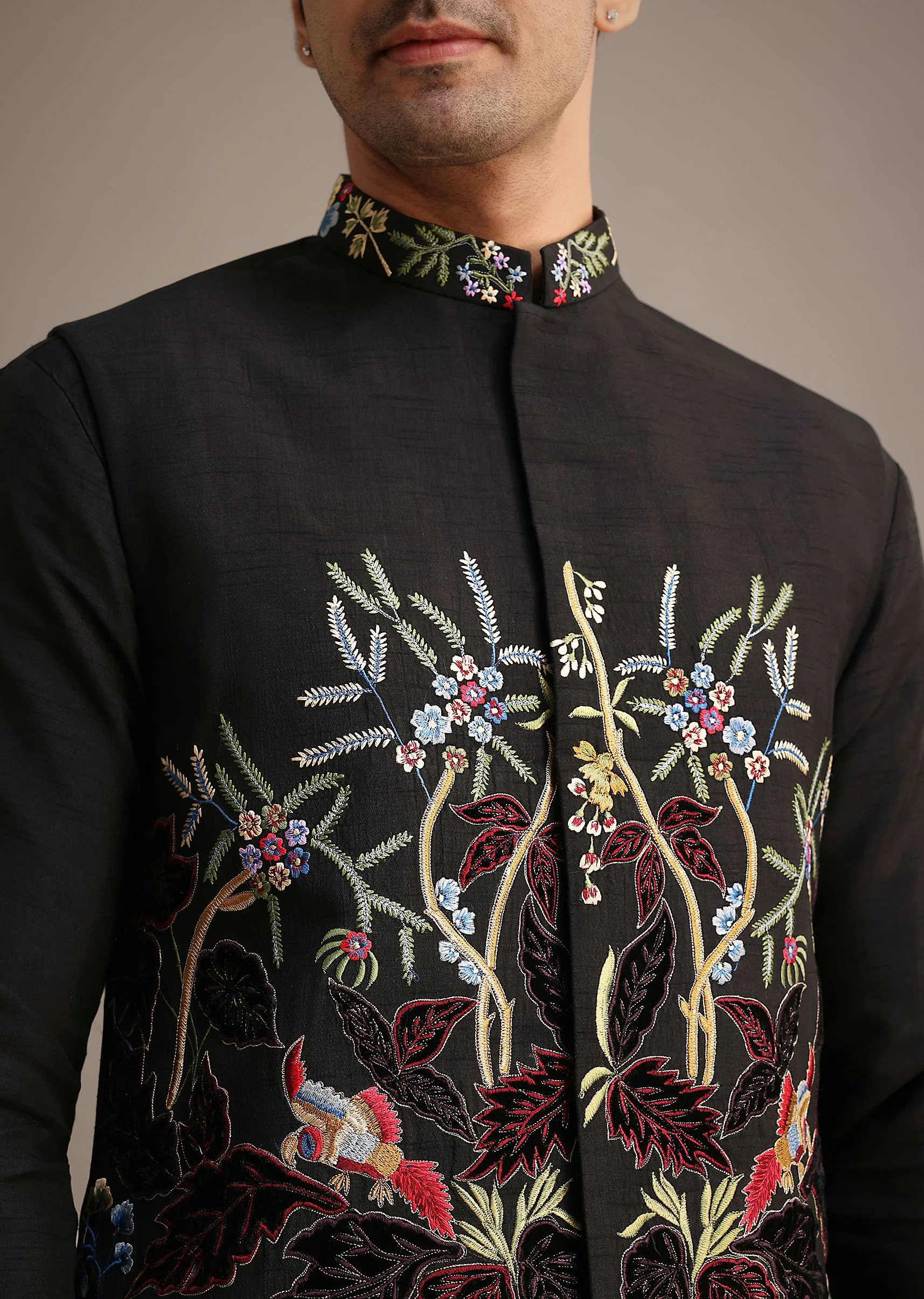 Black Resham Embroidered Jacket And Kurta Set In Silk