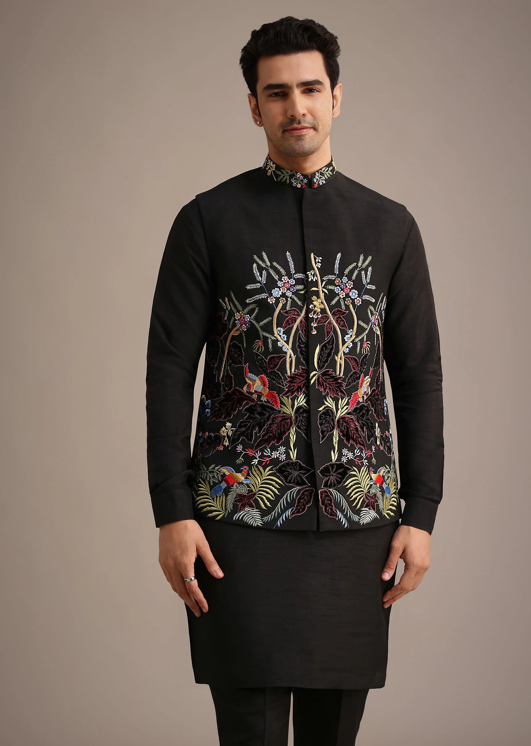 12646-36-36-variation-1.webp Black Resham Embroidered Jacket And Kurta Set In Silk