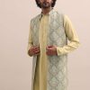 Green Threadwork Kurta Jacket Set For Men