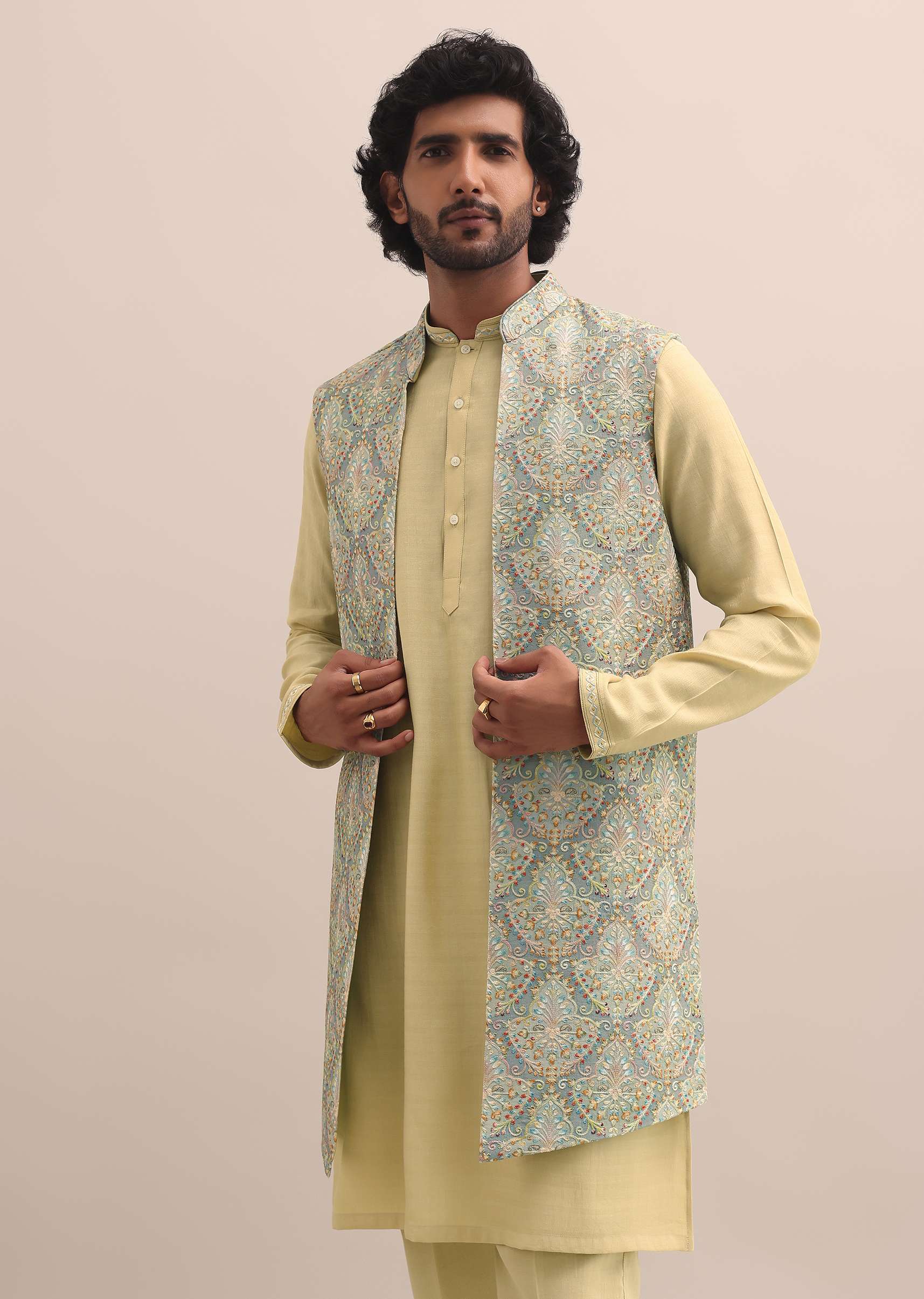 1265-green-threadwork-kurta-jacket-set-for-men-1.jpg Green Threadwork Kurta Jacket Set For Men