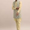 Green Threadwork Kurta Jacket Set For Men