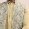 Green Threadwork Kurta Jacket Set For Men