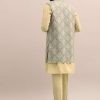 Green Threadwork Kurta Jacket Set For Men