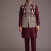 Wine Floral Embroidered Jacket Kurta Set