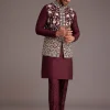 Wine Floral Embroidered Jacket Kurta Set