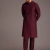 Wine Floral Embroidered Jacket Kurta Set