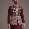 Wine Floral Embroidered Jacket Kurta Set