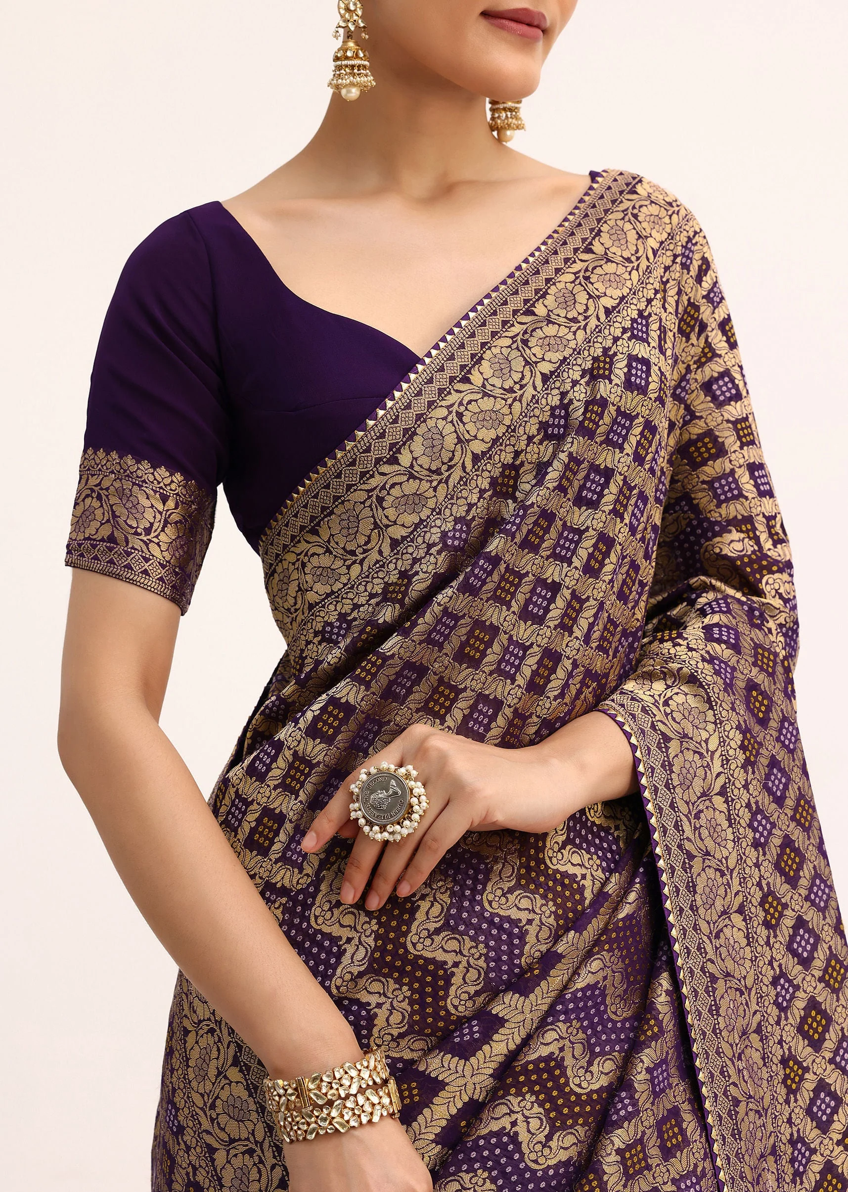Purple Bandhani Tie Dye Saree With Zari Jaal And Unstitched Blouse