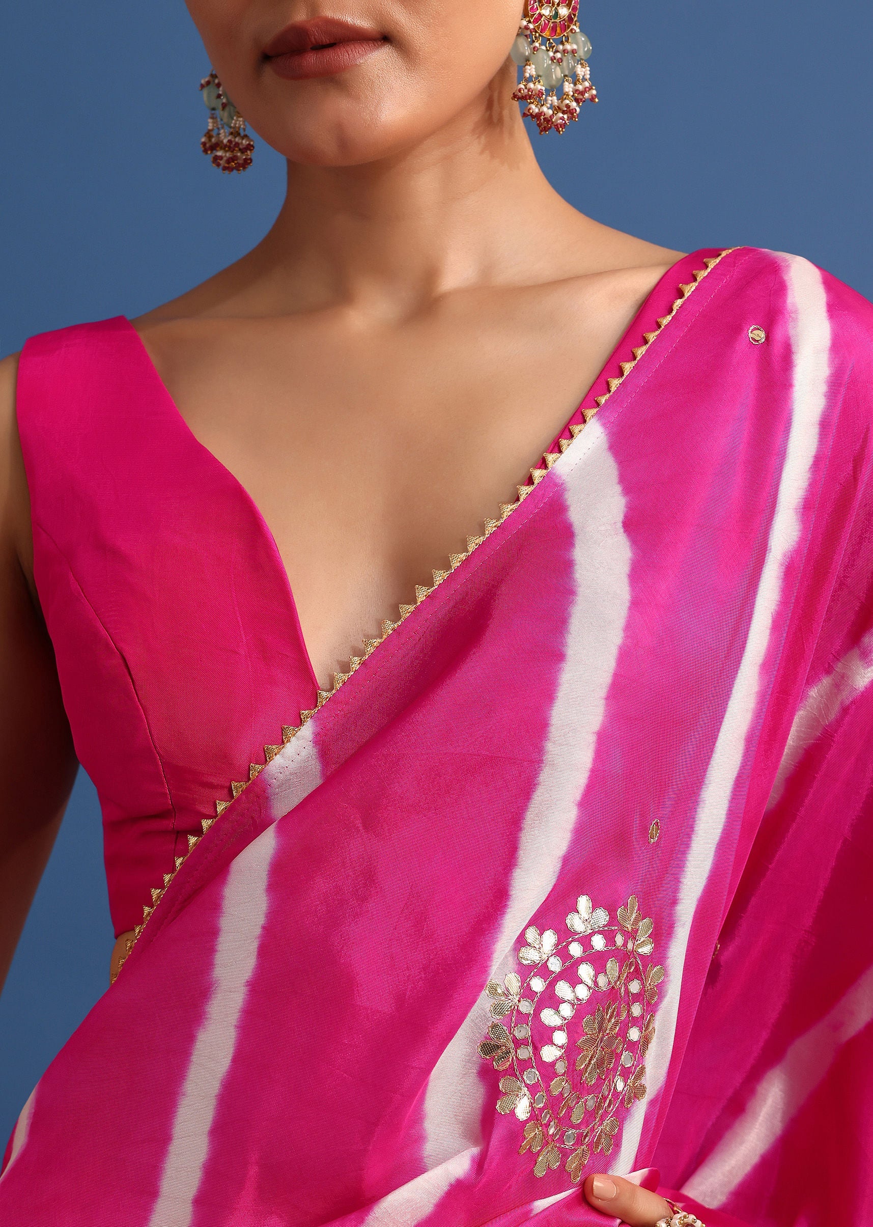 Rani Pink Hand Dyed Lehriya Silk Saree With Gota Patti Work