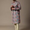 Aqua Blue Printed Silk Kurta Set For Men