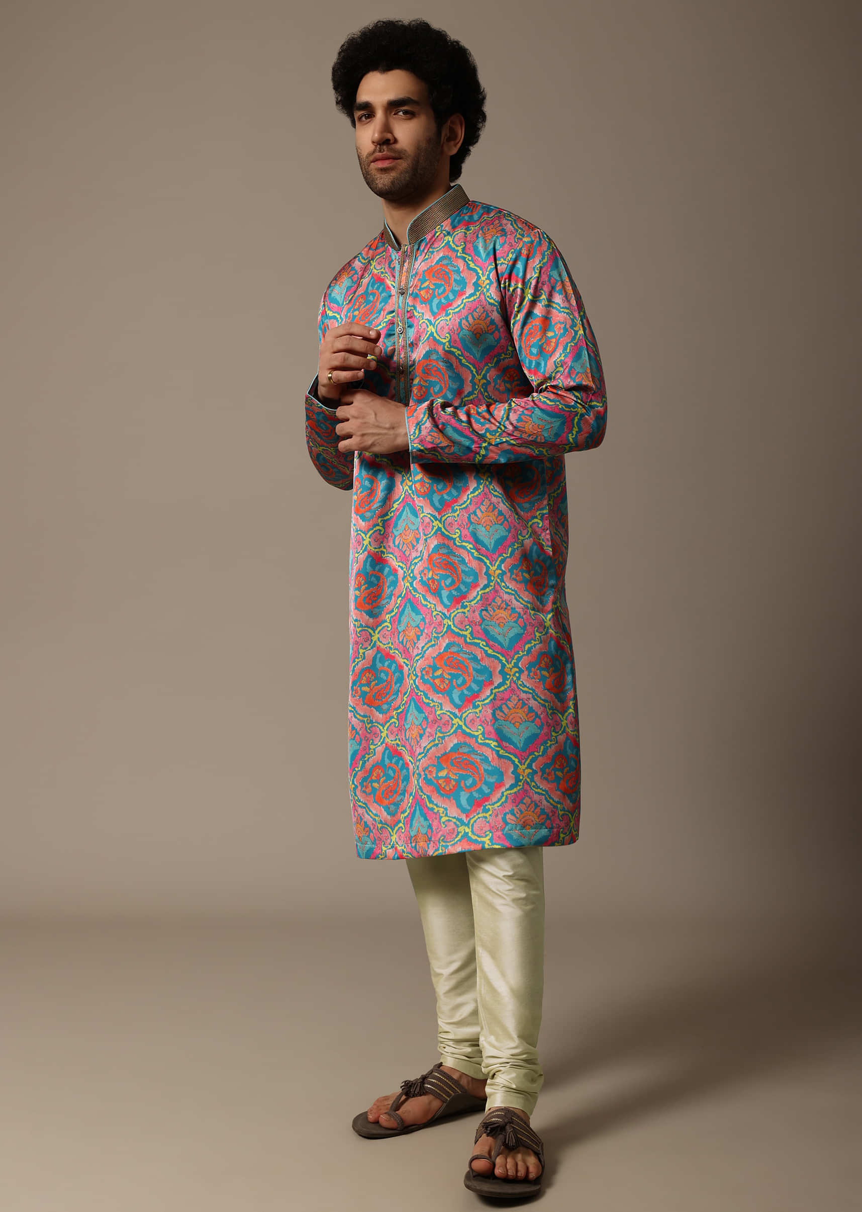 12711-aqua-blue-printed-silk-kurta-set-for-men-1.jpg Aqua Blue Printed Silk Kurta Set For Men