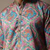 Aqua Blue Printed Silk Kurta Set For Men
