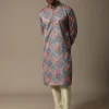 Aqua Blue Printed Silk Kurta Set For Men