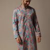 Aqua Blue Printed Silk Kurta Set For Men