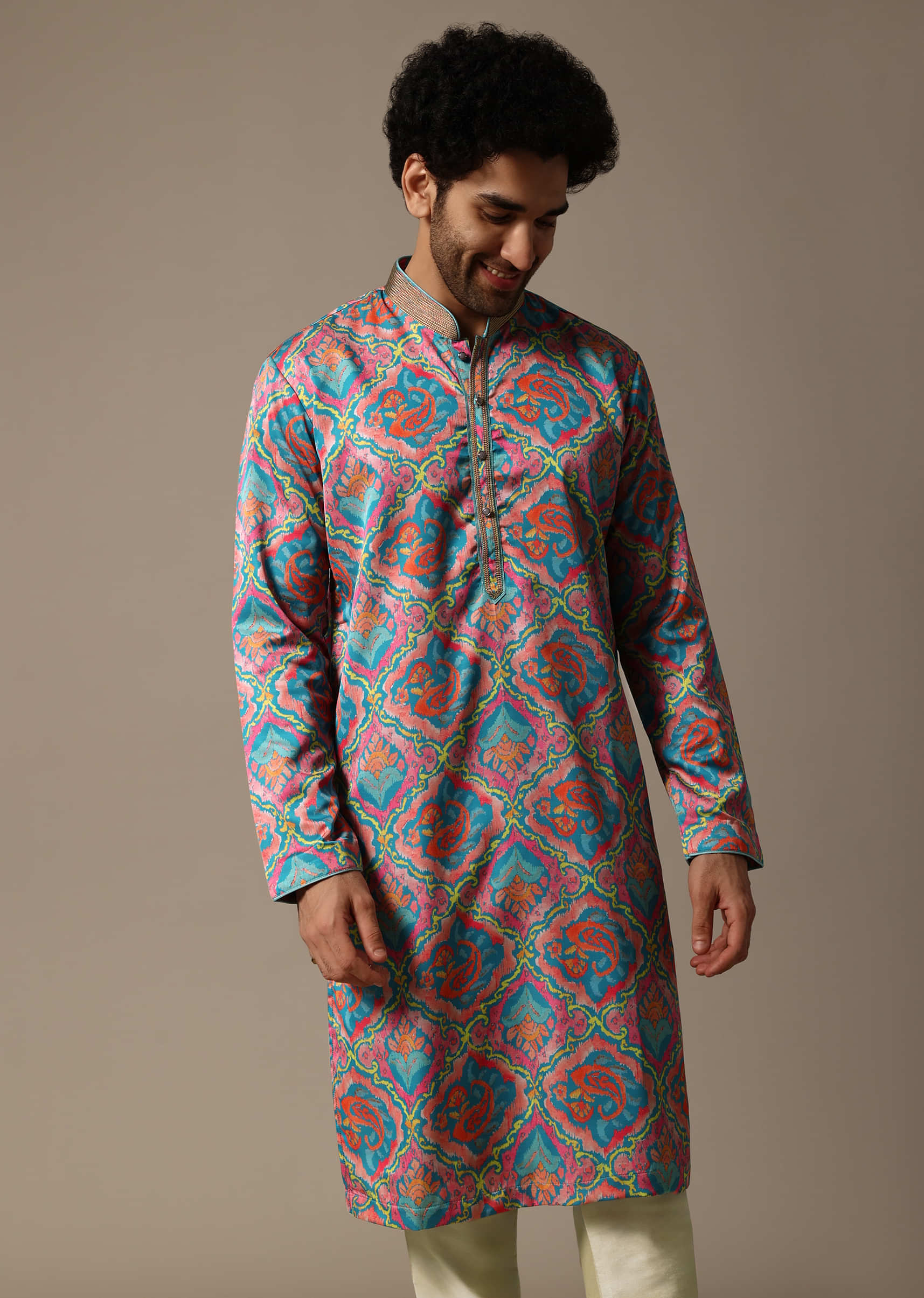 Aqua Blue Printed Silk Kurta Set For Men