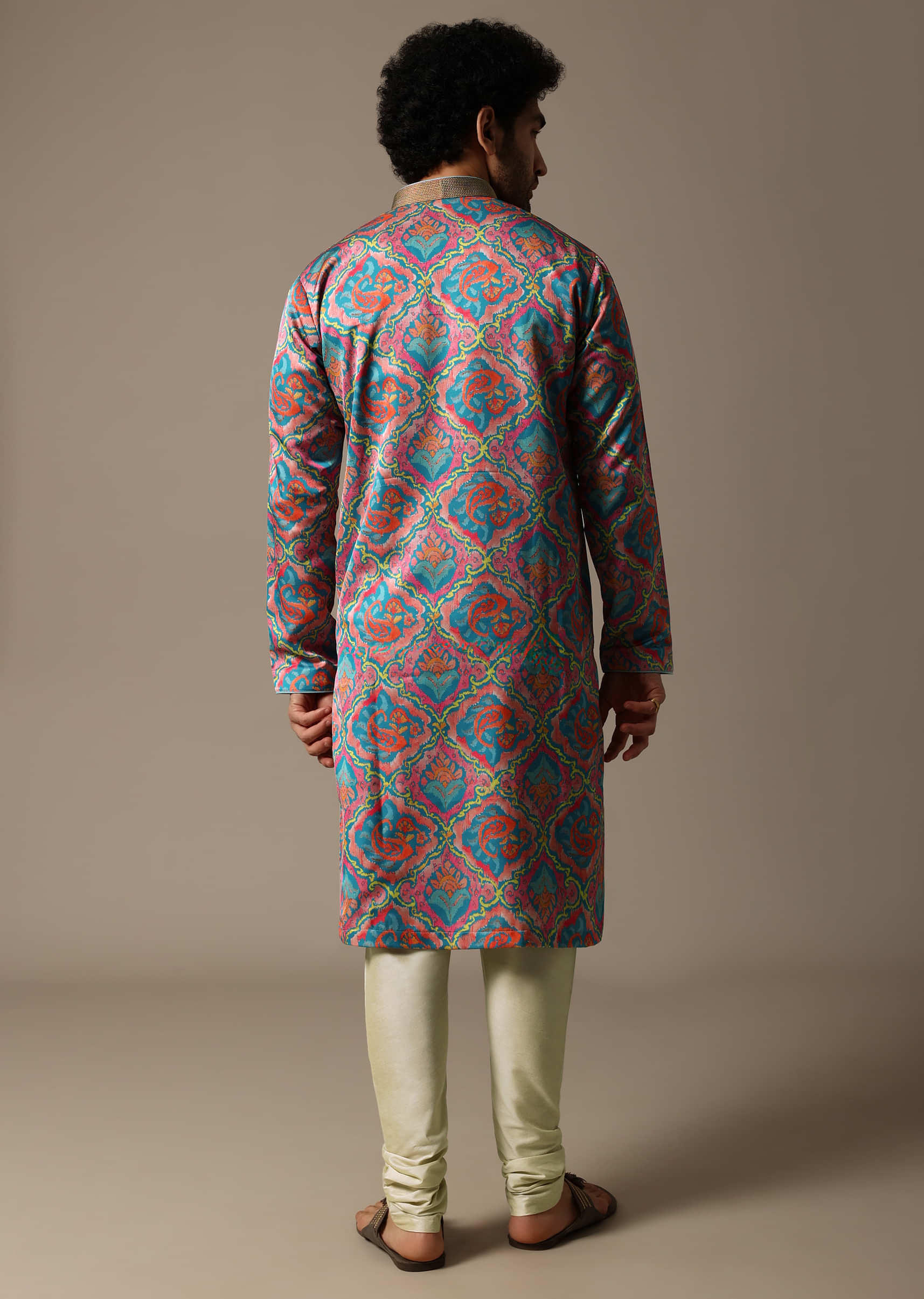 Aqua Blue Printed Silk Kurta Set For Men