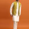Olive Green Silk Kurta Jacket Set With Mirror Work