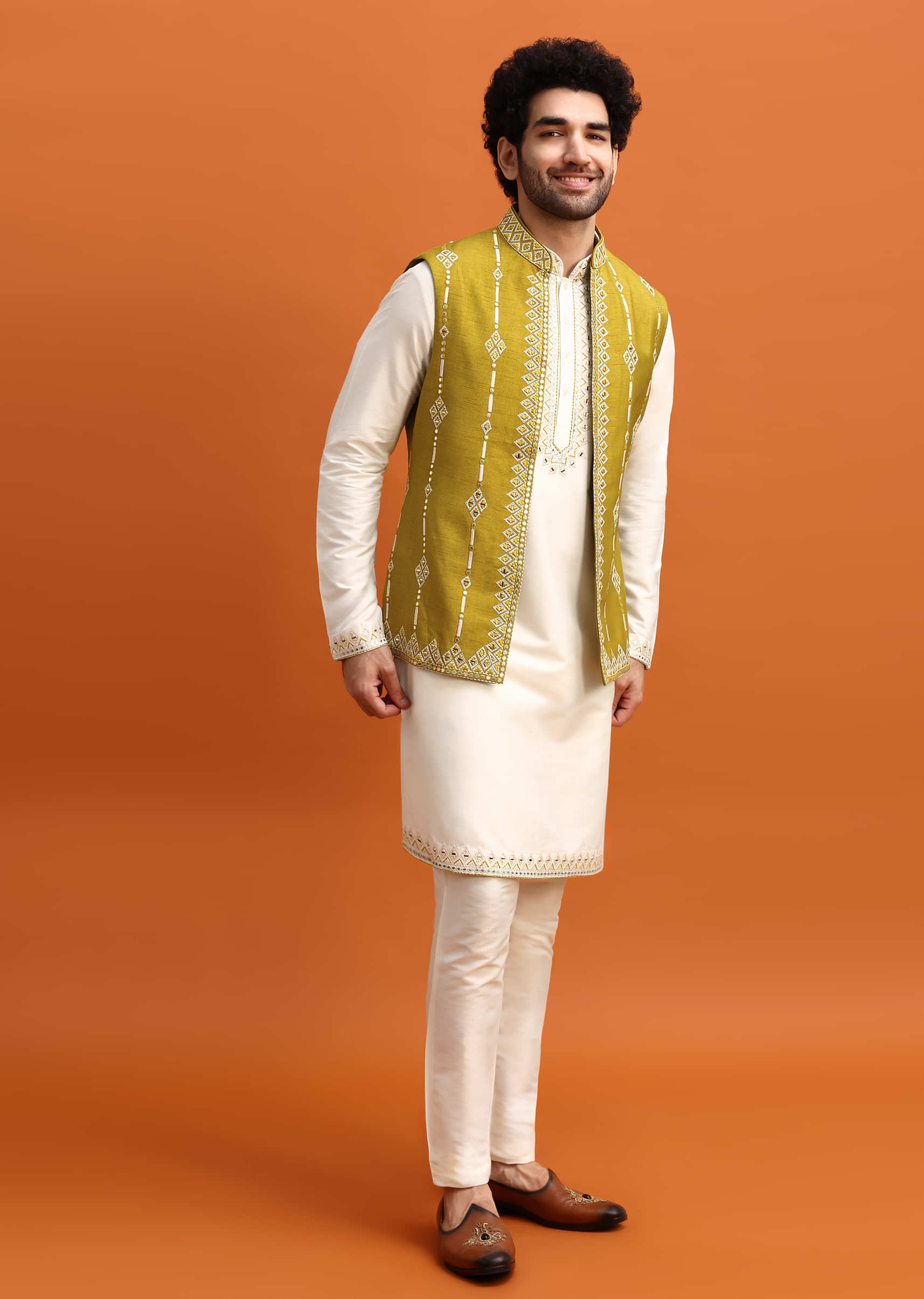 12729-olive-green-silk-kurta-jacket-set-with-mirror-work-1.jpg Olive Green Silk Kurta Jacket Set With Mirror Work