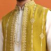 Olive Green Silk Kurta Jacket Set With Mirror Work