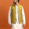 Olive Green Silk Kurta Jacket Set With Mirror Work