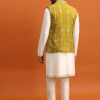 Olive Green Silk Kurta Jacket Set With Mirror Work