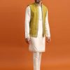 Olive Green Silk Kurta Jacket Set With Mirror Work