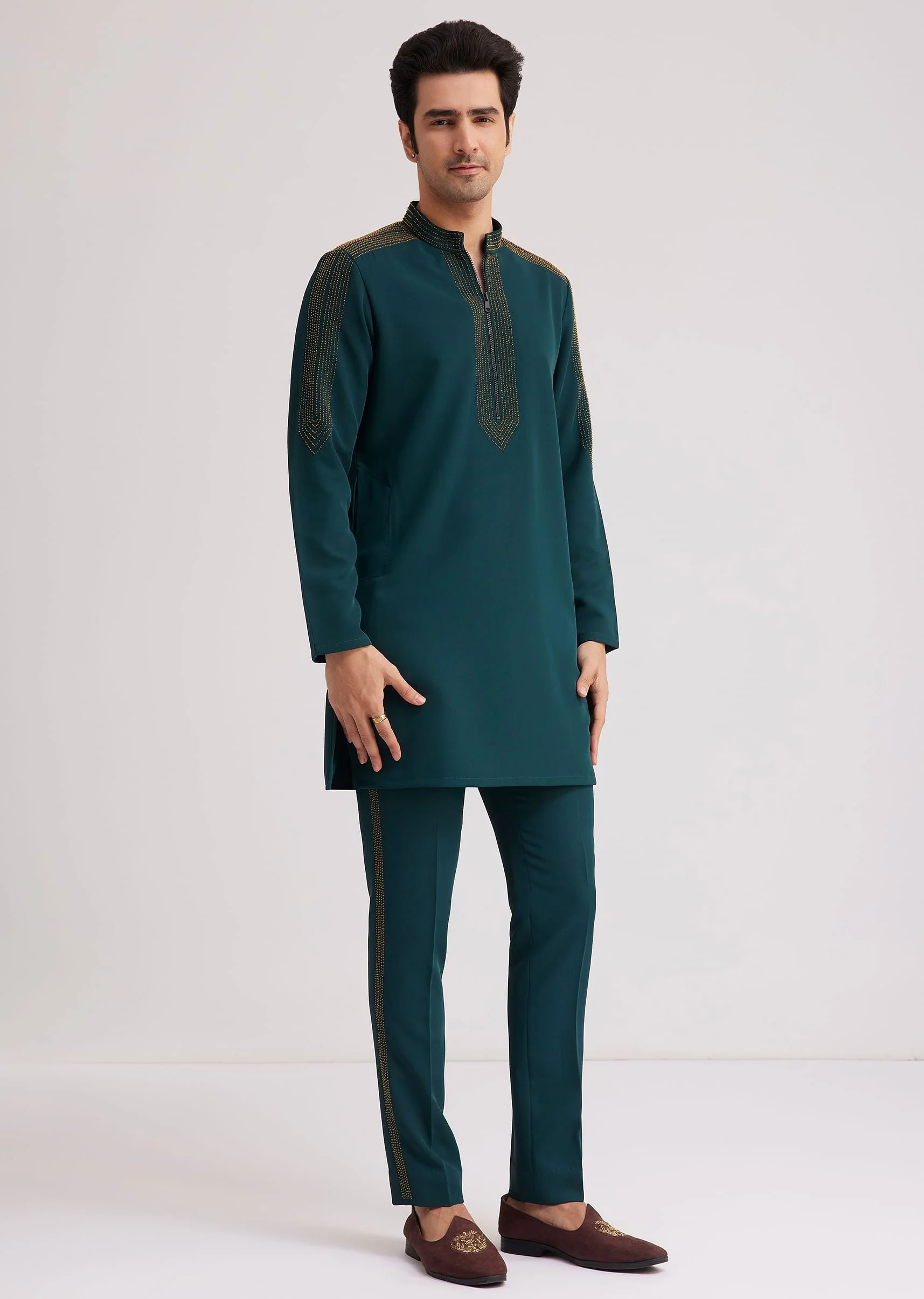 12738-peacock-blue-lycra-kurta-set-with-bead-work-1.webp Peacock Blue Lycra Kurta Set With Bead Work